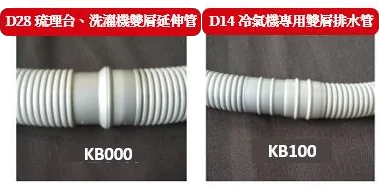 雙層 PE 排水管系列參考：同頁 D28／D14 系列對照原圖；D14 圖上 KB100 與規格表 KB0100 的品號尚待核對